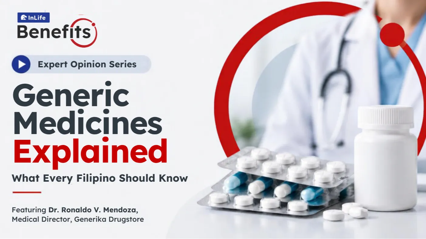 InLife Benefits Expert Opinion Series banner on generic medicines, featuring a doctor and medicine